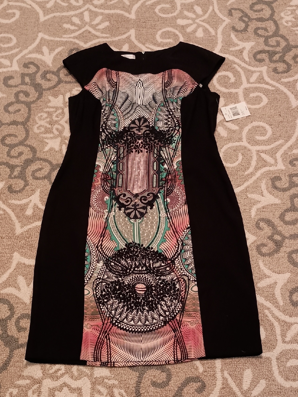 London Times Black Midi Dress with Pink and Teal Printed Panel